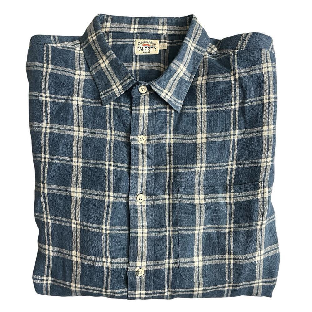 Faherty Navy and Cream Checkered Button Down Shirt